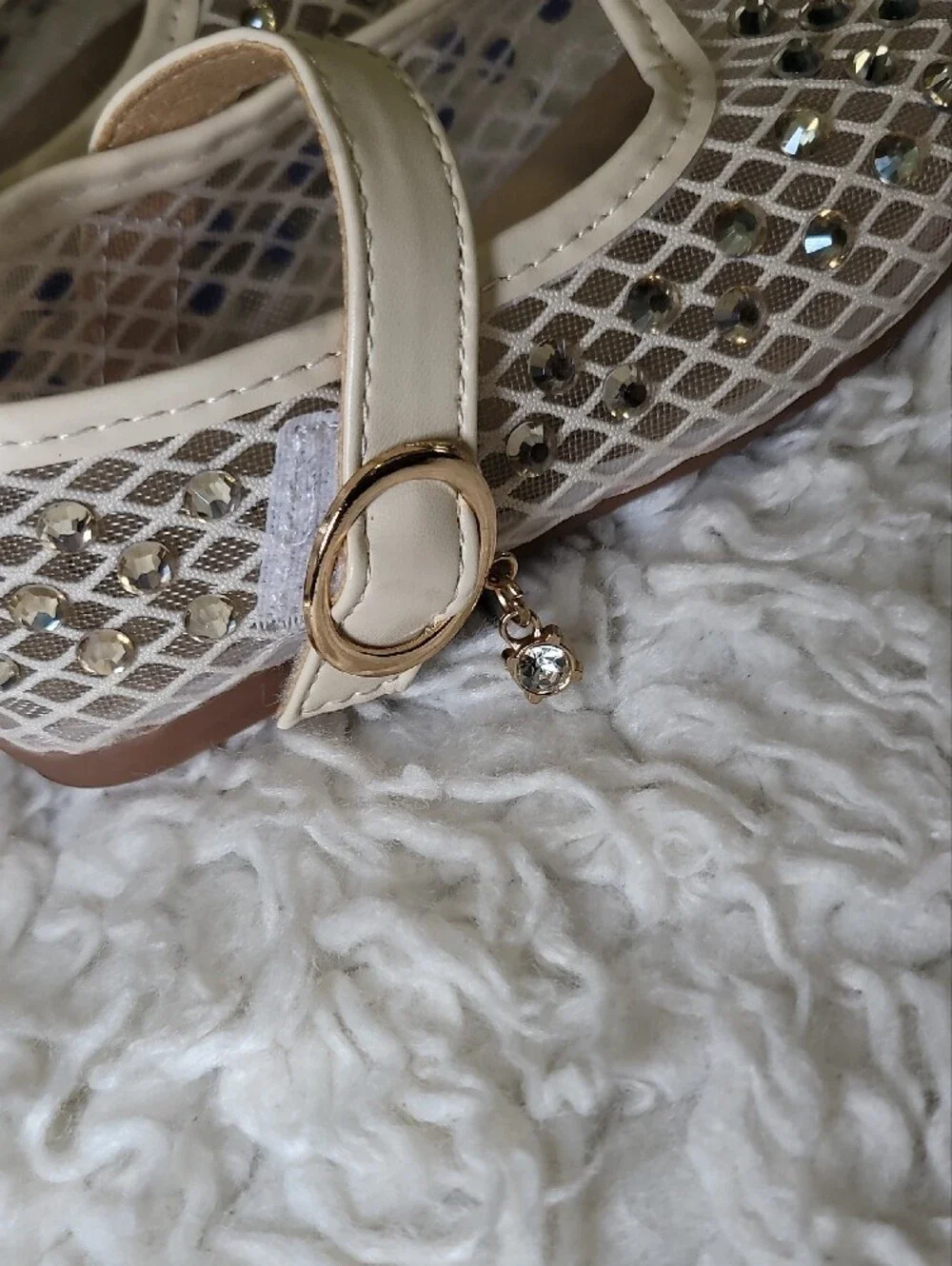 Kong Cream Rhinestone Mesh Mary Jane Shoes